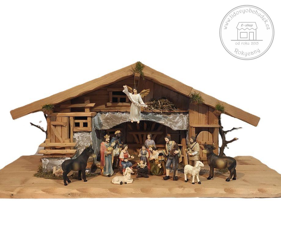 Dřevěný betlém 85 cm mořený a figurky 12 cm 14 ks polyresin