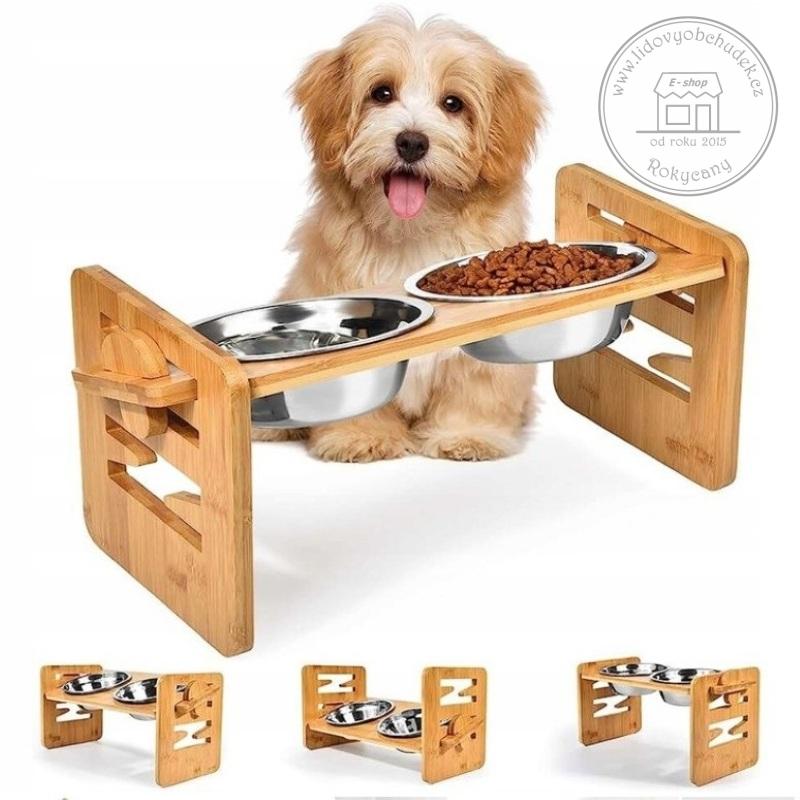 Nastavitelný dřevěný stojan na misky pro psy a kočky 43 x 18 x 20 cm + nerezové misky 2 x 400 ml