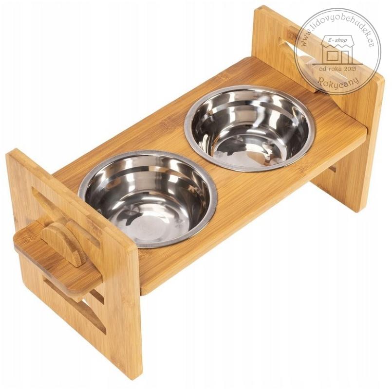 Nastavitelný dřevěný stojan na misky pro psy a kočky 43 x 18 x 20 cm + nerezové misky 2 x 400 ml