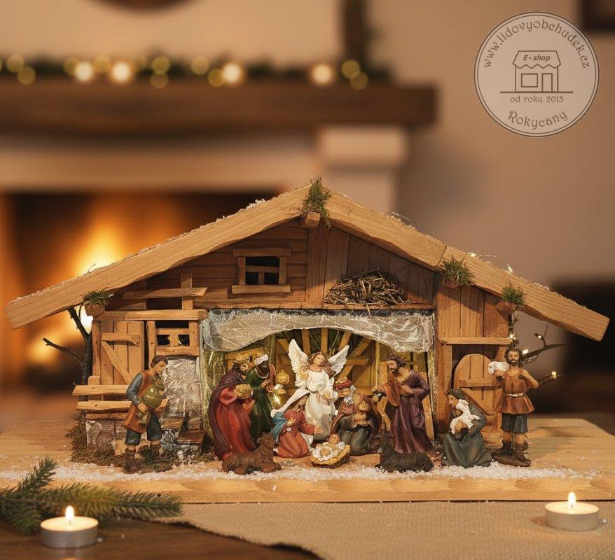 Dřevěný betlém 85 cm mořený a figurky 14 cm 12 ks polyresin