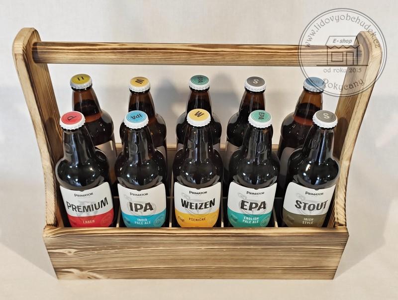 Nosič na pivo dřevěný na 10 lahví s otvírákem opalovaný