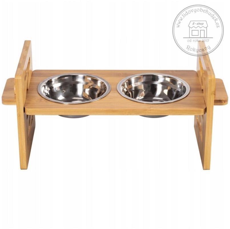 Nastavitelný dřevěný stojan na misky pro psy a kočky 43 x 18 x 20 cm + nerezové misky 2 x 400 ml