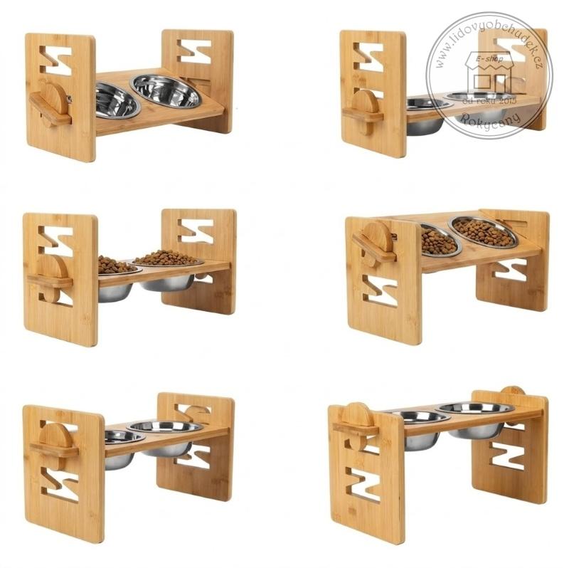 Nastavitelný dřevěný stojan na misky pro psy a kočky 43 x 18 x 20 cm + nerezové misky 2 x 400 ml
