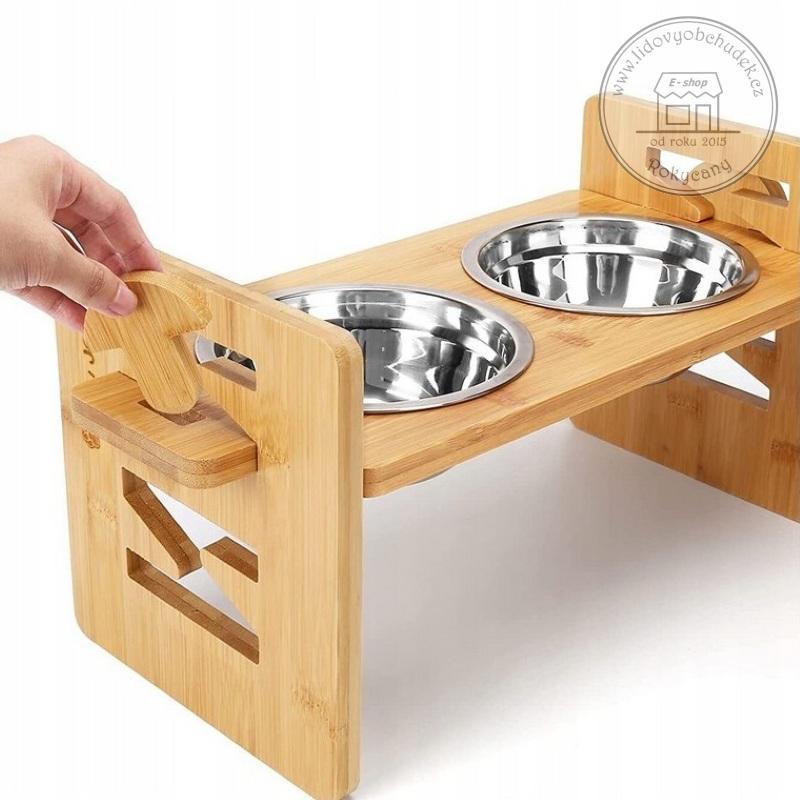 Nastavitelný dřevěný stojan na misky pro psy a kočky 43 x 18 x 20 cm + nerezové misky 2 x 400 ml